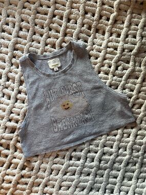 Grey Waffle Knit Cropped Tank Top with Breakfast Graphic